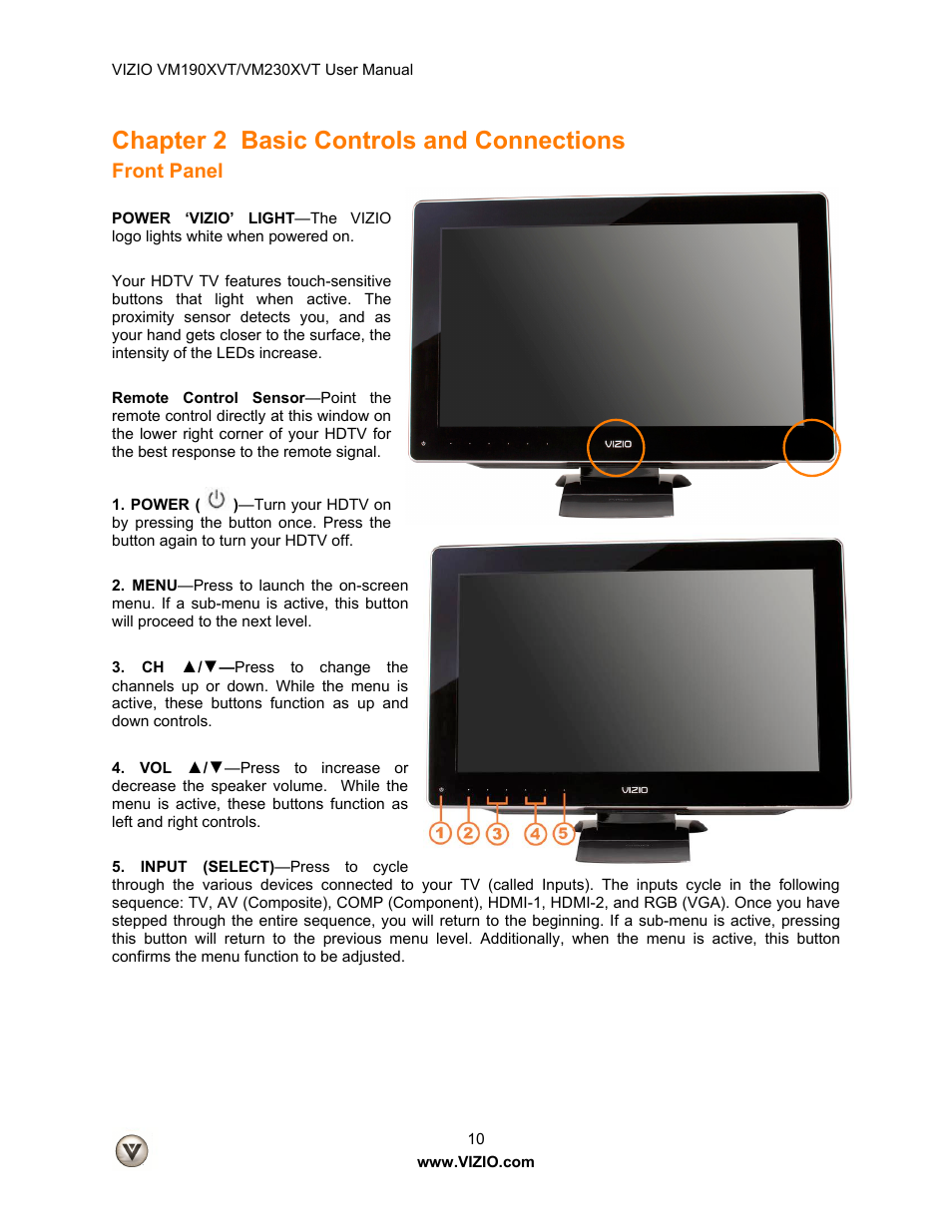 Chapter 2 basic controls and connections, Front panel | Vizio VM190XVT User Manual | Page 10 / 51