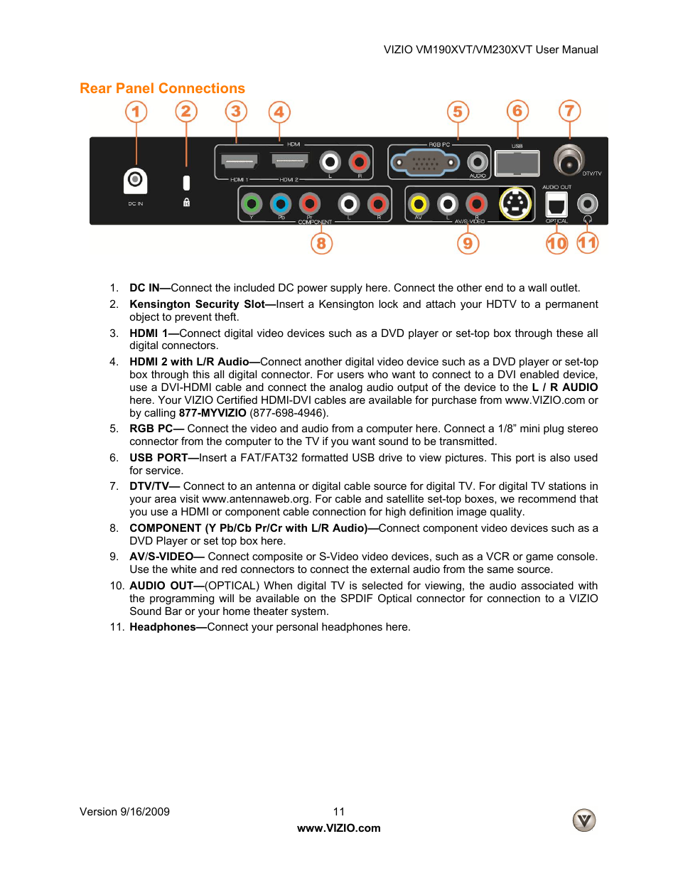 Rear panel connections | Vizio VM190XVT User Manual | Page 11 / 51