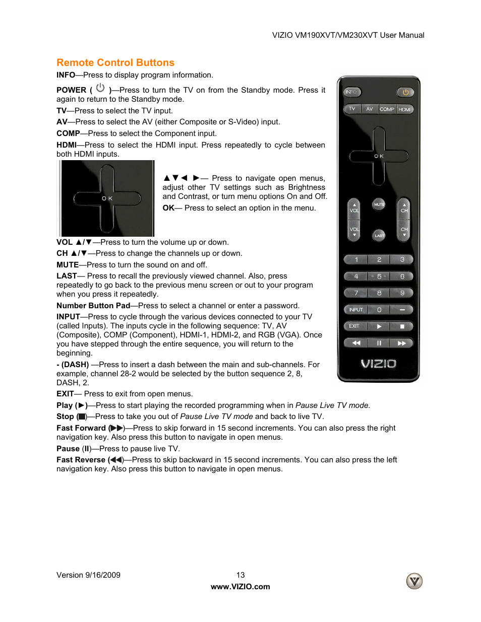 Remote control buttons | Vizio VM190XVT User Manual | Page 13 / 51
