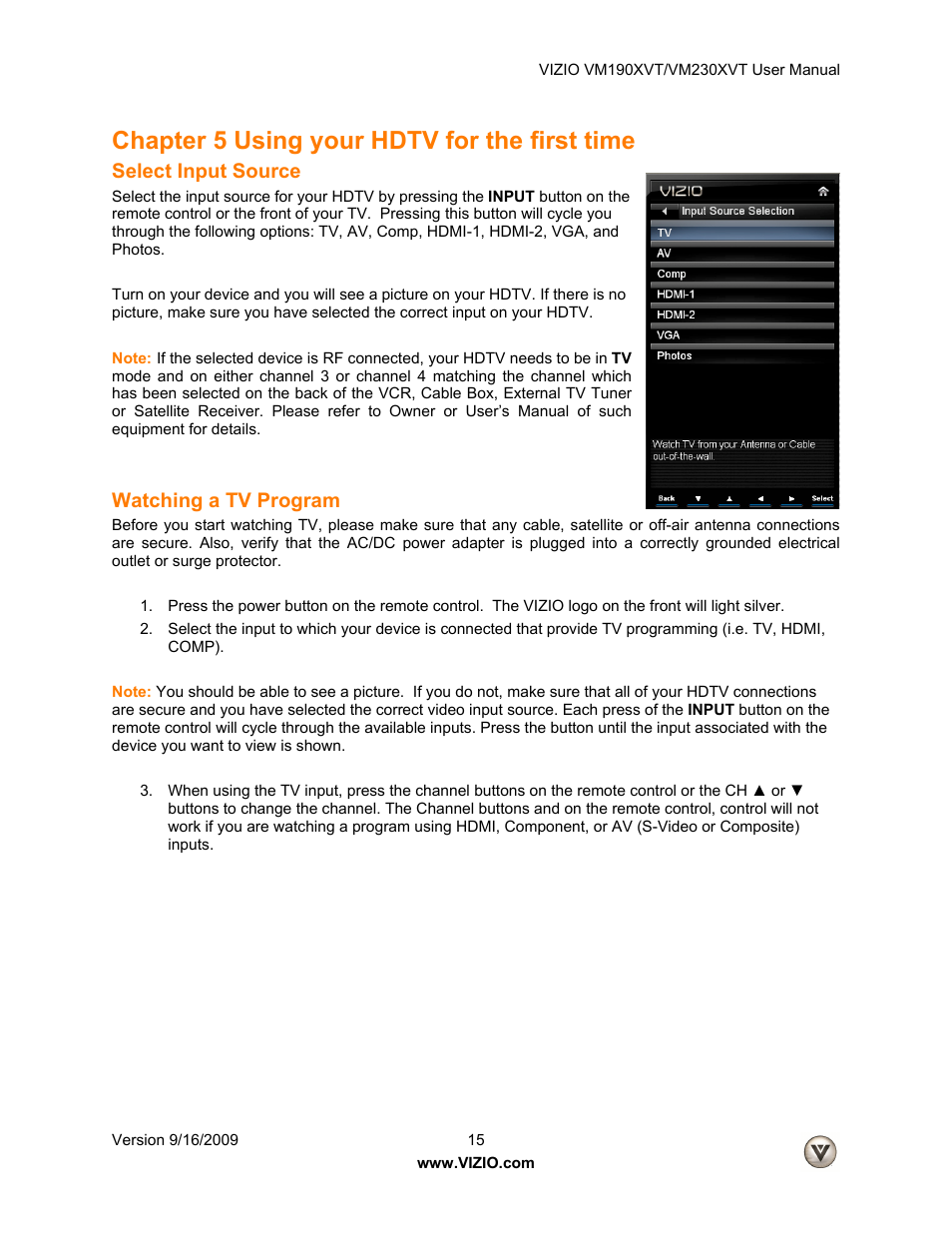 Chapter 5 using your hdtv for the first time, Select input source, Watching a tv program | Vizio VM190XVT User Manual | Page 15 / 51