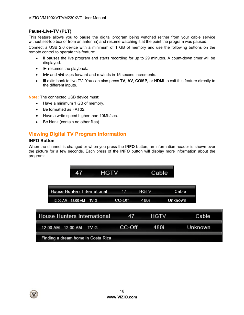 Pause-live-tv (plt), Viewing digital tv program information, Info button | Vizio VM190XVT User Manual | Page 16 / 51