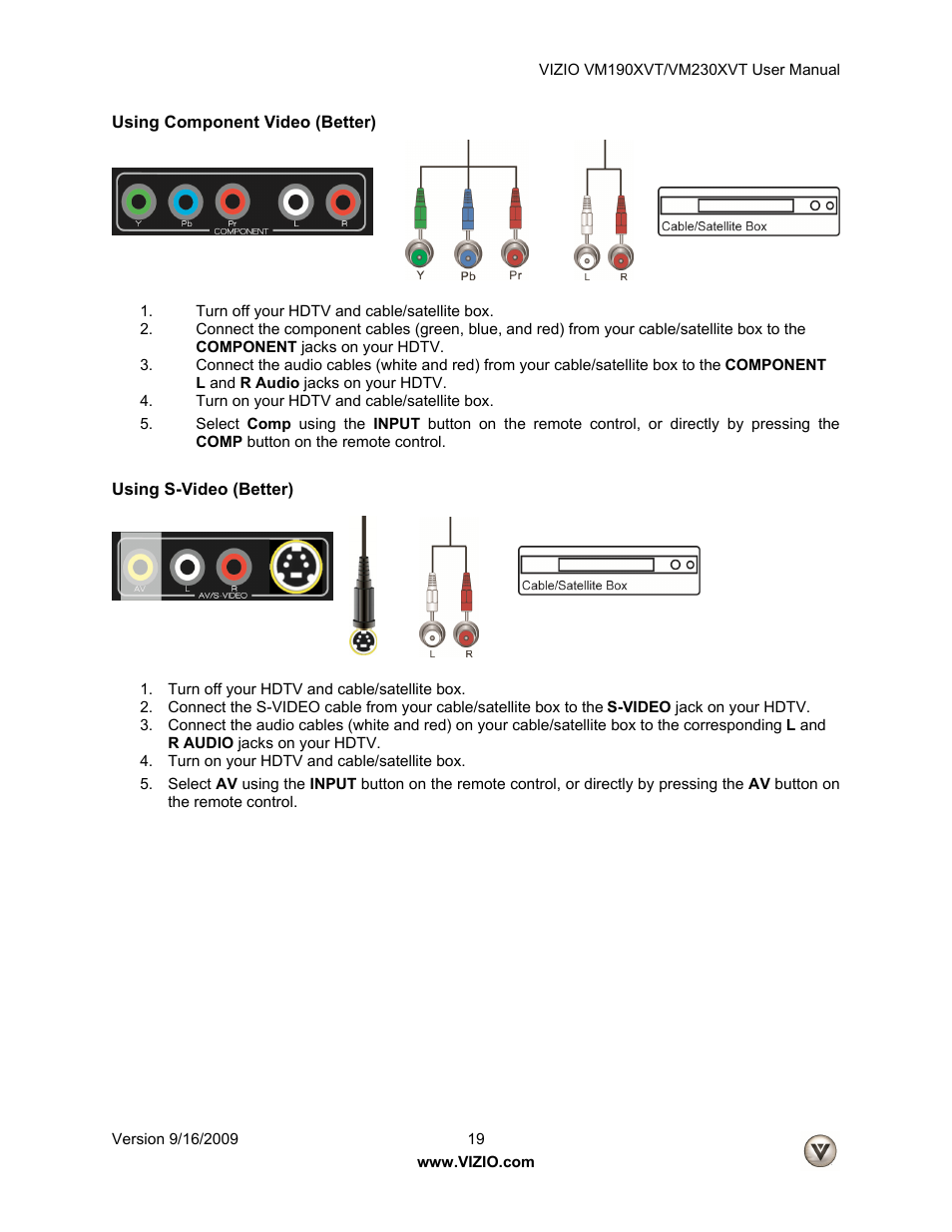 Using component video (better), Using s-video (better) | Vizio VM190XVT User Manual | Page 19 / 51
