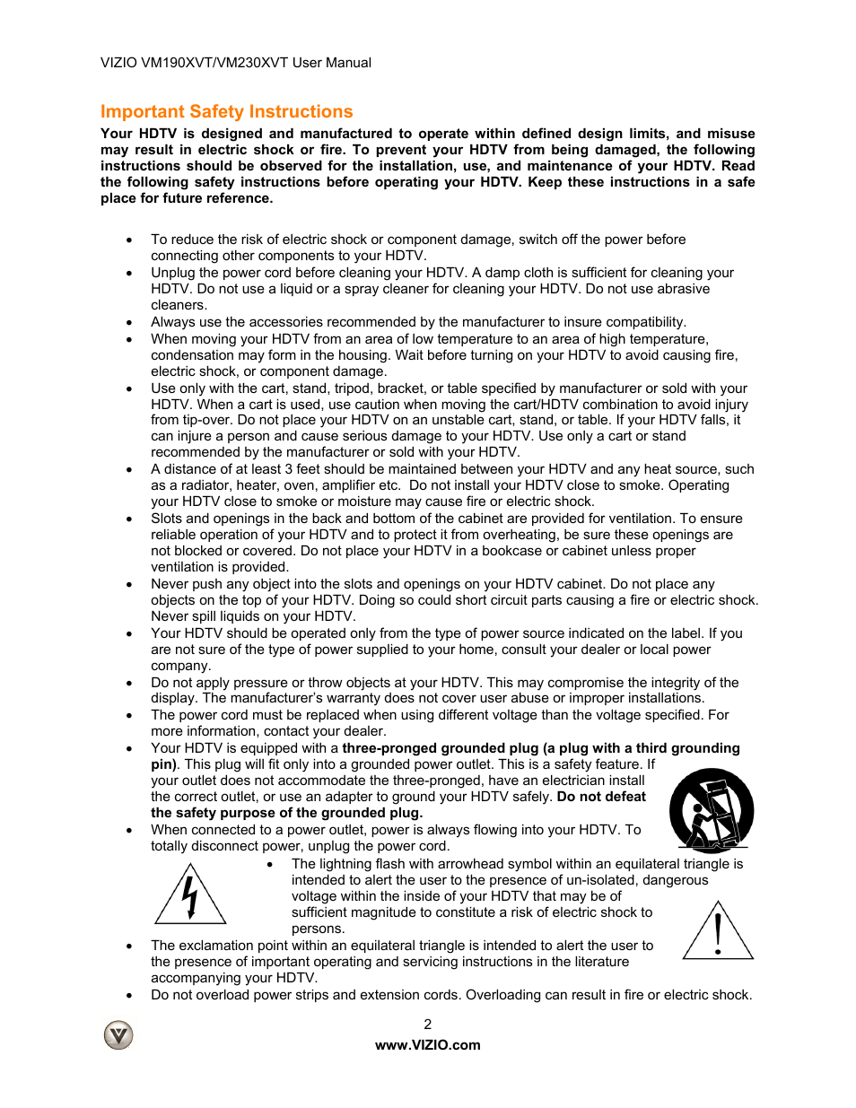 Important safety instructions | Vizio VM190XVT User Manual | Page 2 / 51