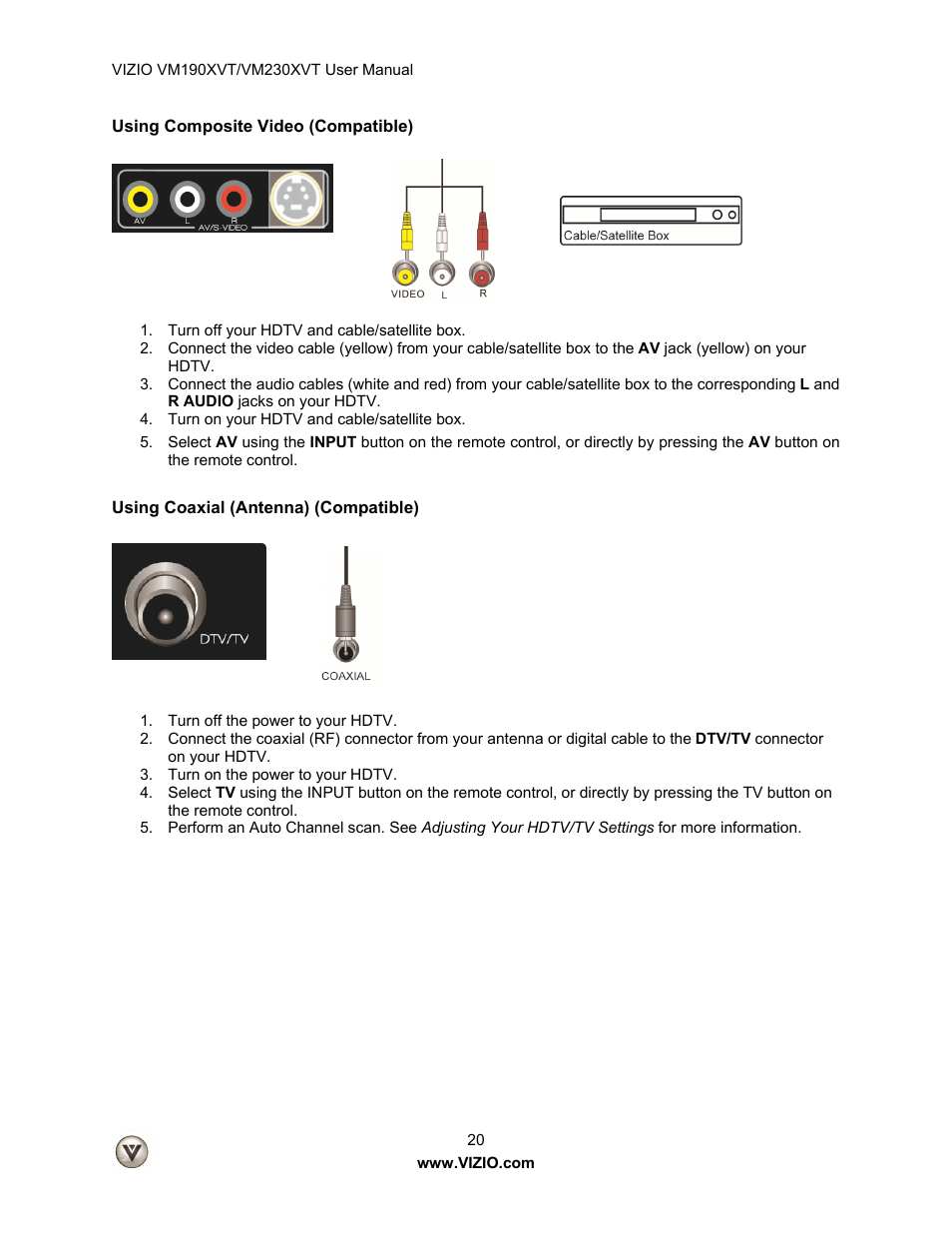 Using composite video (compatible), Using coaxial (antenna) (compatible) | Vizio VM190XVT User Manual | Page 20 / 51