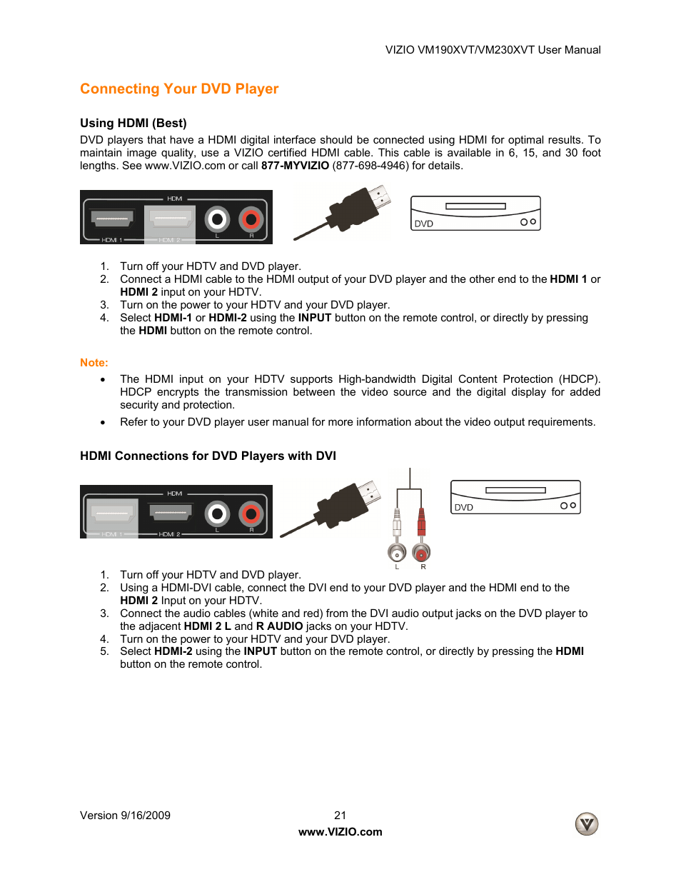 Connecting your dvd player, Using hdmi (best), Hdmi connections for dvd players with dvi | Vizio VM190XVT User Manual | Page 21 / 51