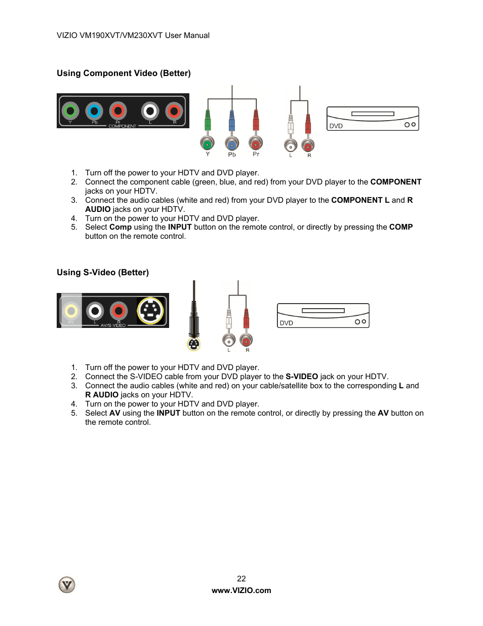 Using component video (better), Using s-video (better) | Vizio VM190XVT User Manual | Page 22 / 51