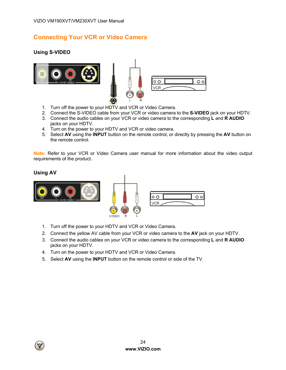 Connecting your vcr or video camera, Using s-video, Using av | Vizio VM190XVT User Manual | Page 24 / 51