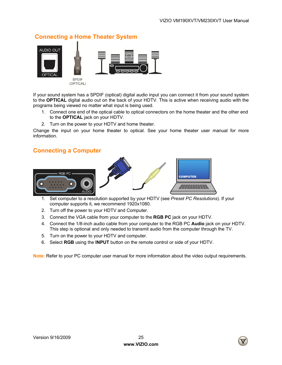 Connecting a home theater system, Connecting a computer | Vizio VM190XVT User Manual | Page 25 / 51