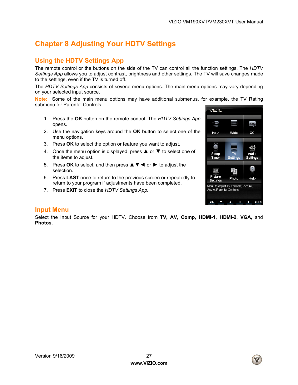 Chapter 8 adjusting your hdtv settings, Using the hdtv settings app, Input menu | Vizio VM190XVT User Manual | Page 27 / 51