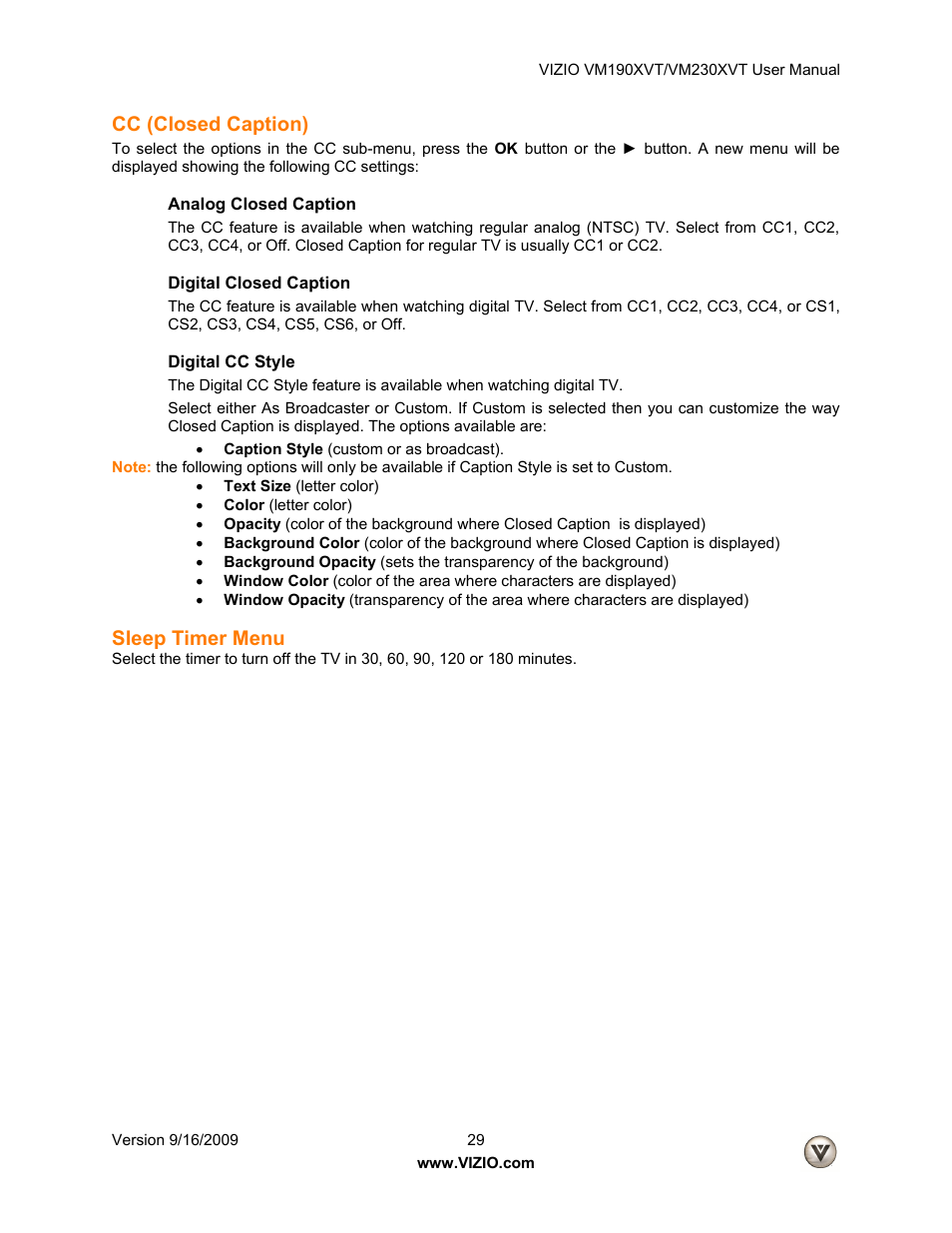 Cc (closed caption), Analog closed caption, Digital closed caption | Digital cc style, Sleep timer menu | Vizio VM190XVT User Manual | Page 29 / 51