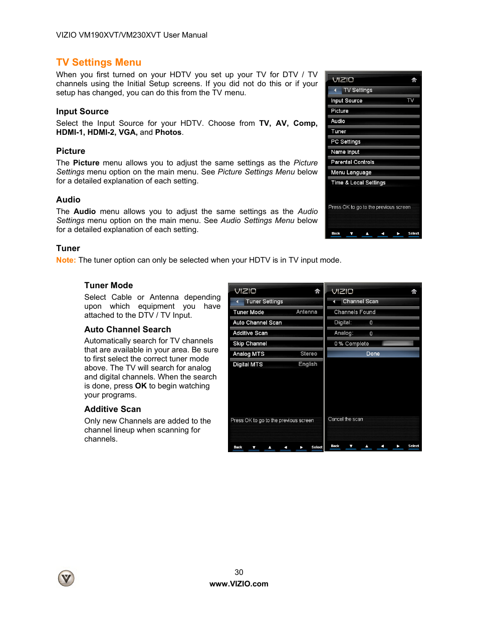 Tv settings menu, Input source, Picture | Audio, Tuner, Tuner mode, Auto channel search, Additive scan | Vizio VM190XVT User Manual | Page 30 / 51