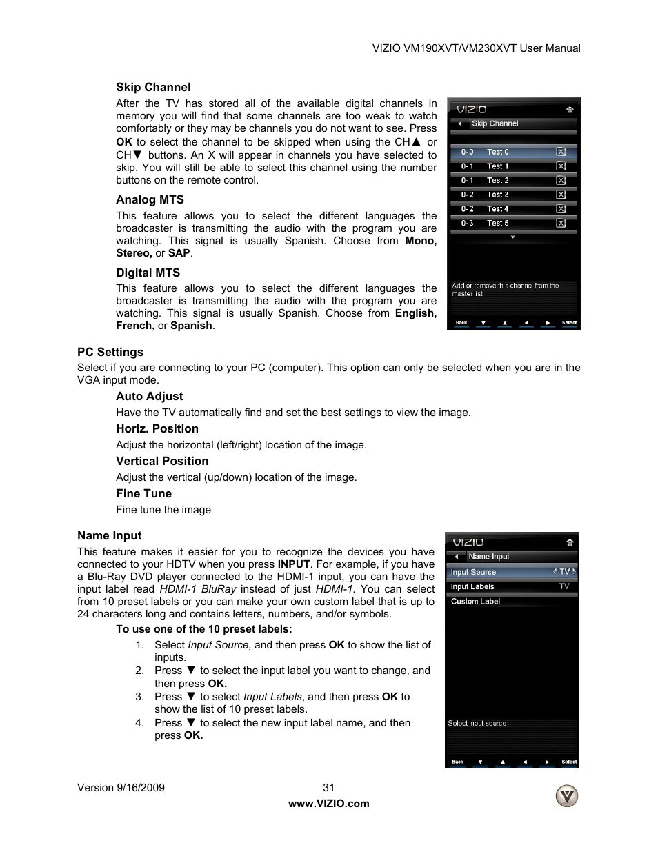 Skip channel, Analog mts, Digital mts | Pc settings, Auto adjust, Horiz. position, Vertical position, Fine tune, Name input | Vizio VM190XVT User Manual | Page 31 / 51