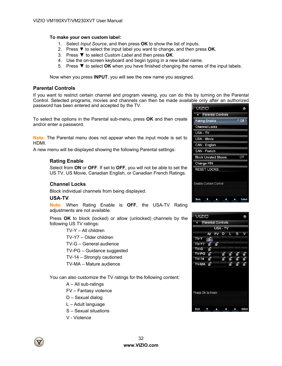 Parental controls, Rating enable, Channel locks | Usa-tv | Vizio VM190XVT User Manual | Page 32 / 51