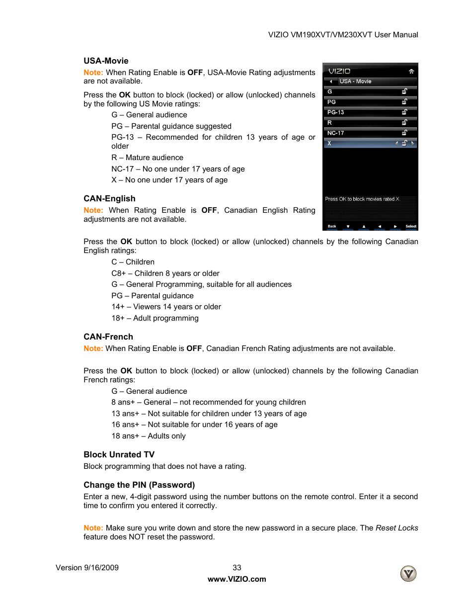 Usa-movie, Can-english, Can-french | Block unrated tv, Change the pin (password) | Vizio VM190XVT User Manual | Page 33 / 51