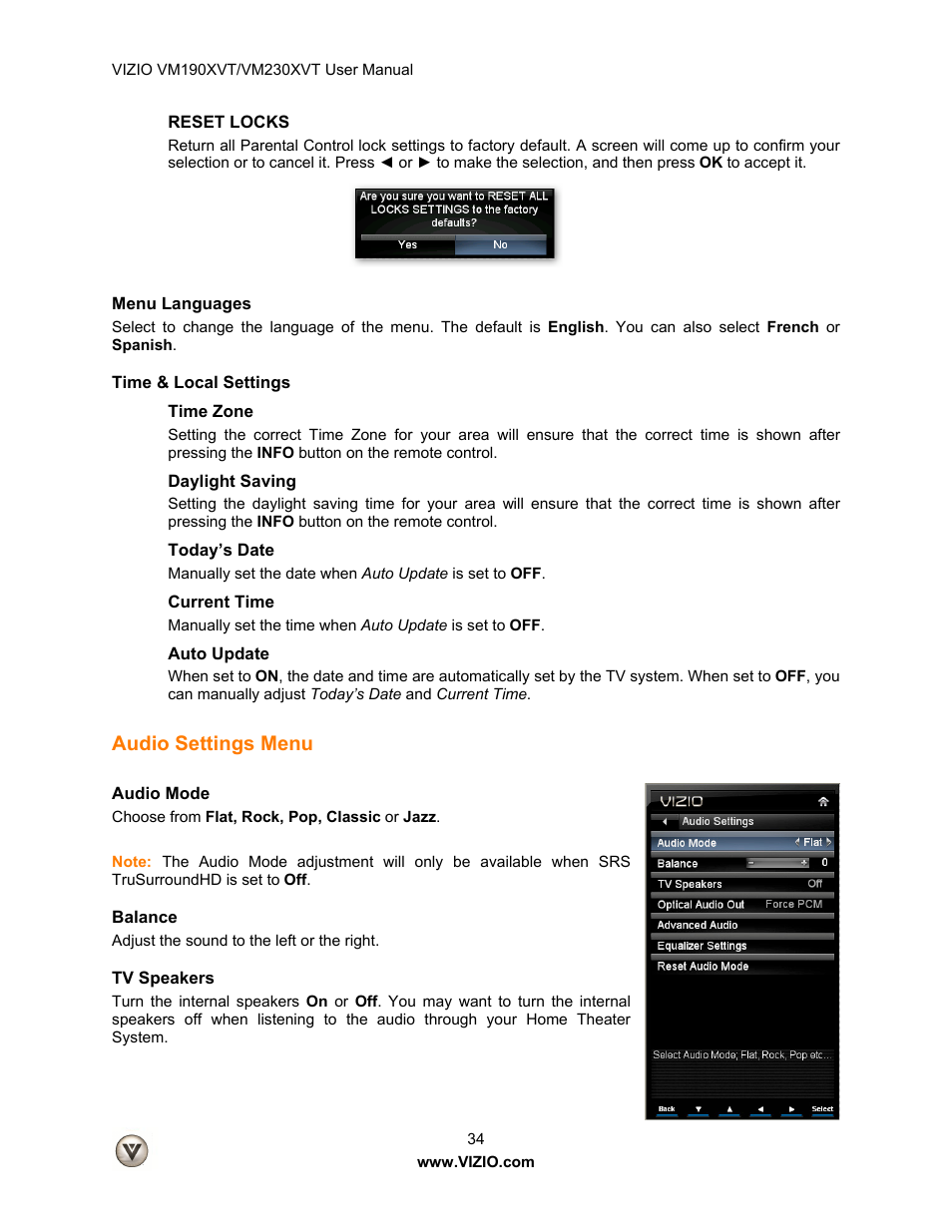 Reset locks, Menu languages, Time & local settings | Time zone, Daylight saving, Today’s date, Current time, Auto update, Audio settings menu, Audio mode | Vizio VM190XVT User Manual | Page 34 / 51