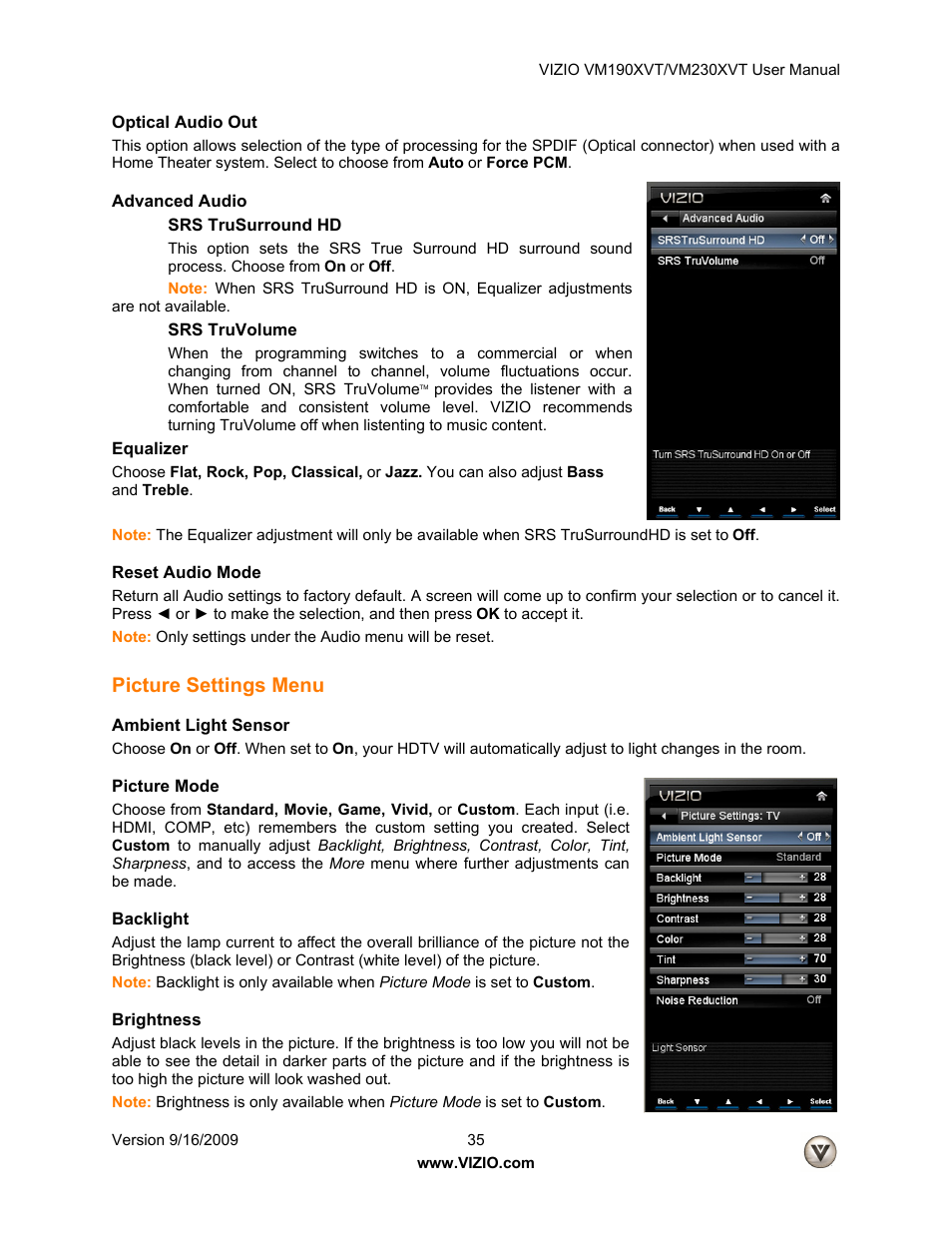 Optical audio out, Advanced audio, Equalizer | Reset audio mode, Picture settings menu, Ambient light sensor, Picture mode, Backlight, Brightness | Vizio VM190XVT User Manual | Page 35 / 51