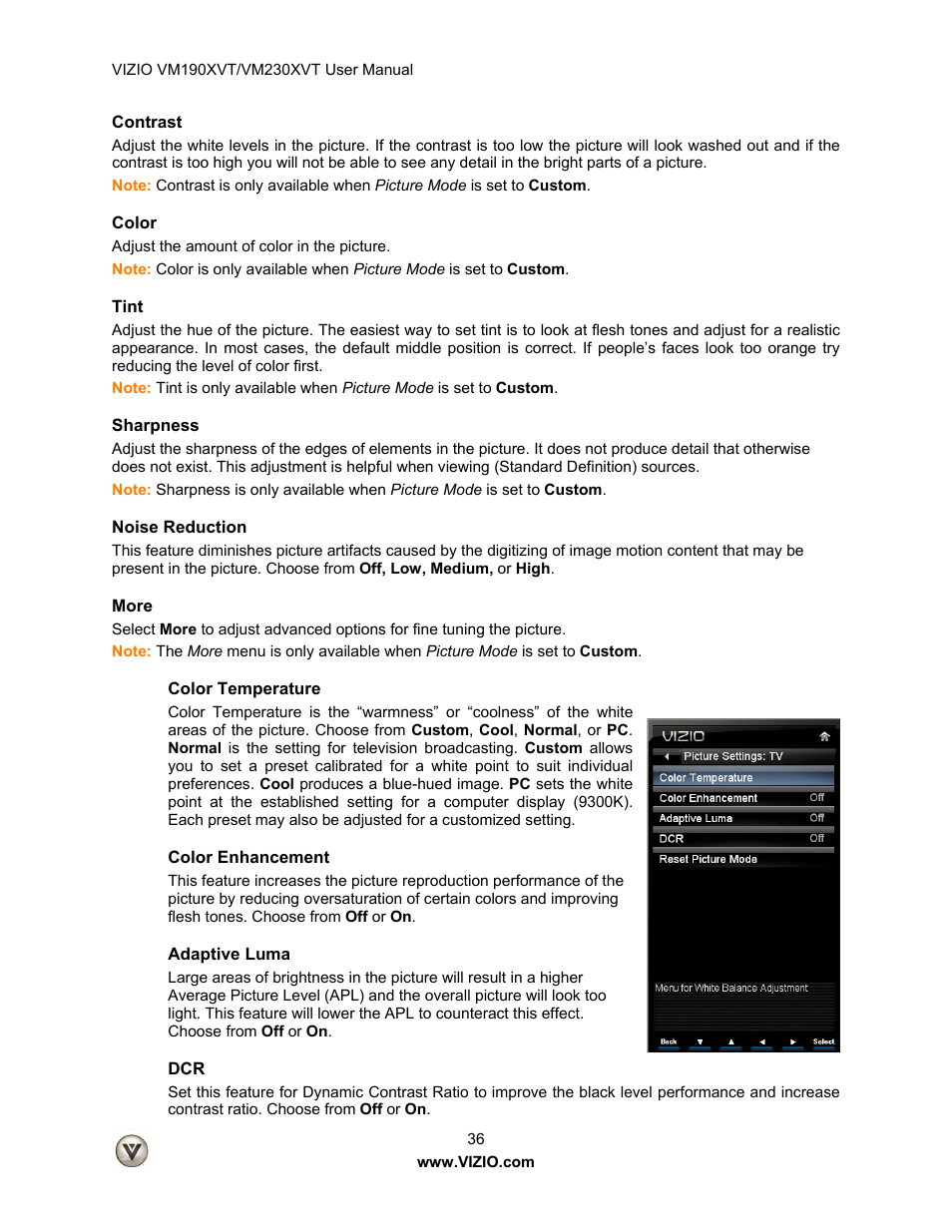 Contrast, Color, Tint | Sharpness, Noise reduction, More, Color temperature, Color enhancement, Adaptive luma | Vizio VM190XVT User Manual | Page 36 / 51