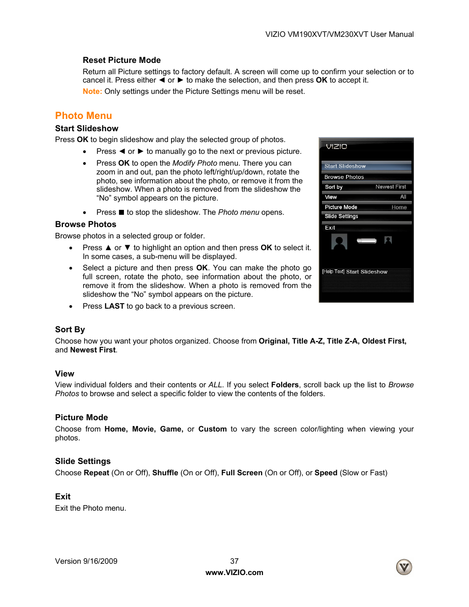 Reset picture mode, Photo menu, Start slideshow | Browse photos, Sort by, View, Picture mode, Slide settings, Exit | Vizio VM190XVT User Manual | Page 37 / 51