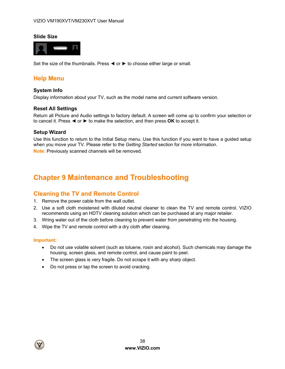 Slide size, Help menu, System info | Reset all settings, Setup wizard, Chapter 9 maintenance and troubleshooting, Cleaning the tv and remote control, Maintenance and troubleshooting, Chapter 9 | Vizio VM190XVT User Manual | Page 38 / 51
