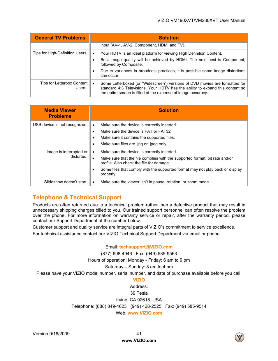 Telephone & technical support | Vizio VM190XVT User Manual | Page 41 / 51