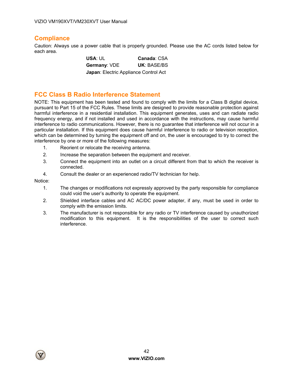 Compliance, Fcc class b radio interference statement | Vizio VM190XVT User Manual | Page 42 / 51