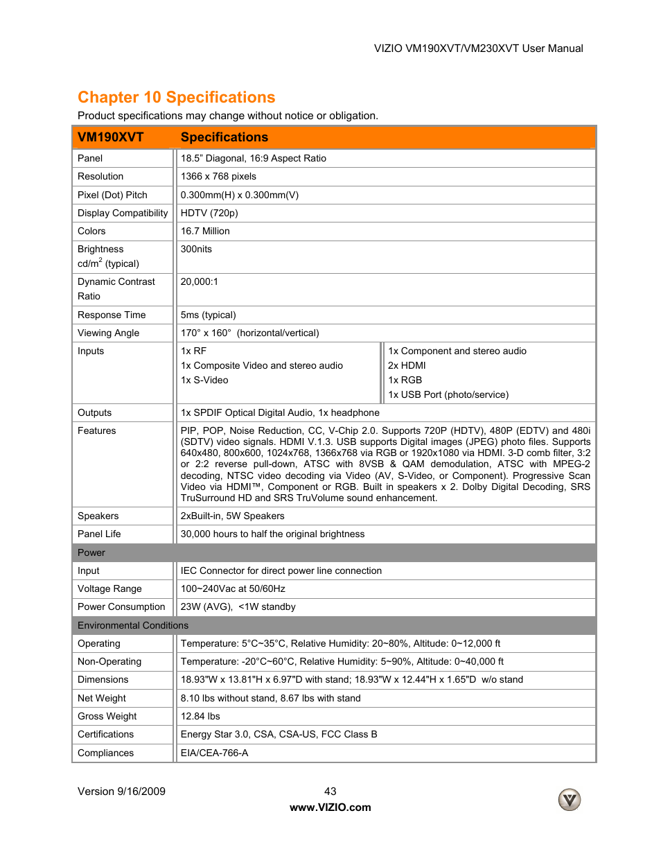 Chapter 10 specifications, Vm190xvt specifications | Vizio VM190XVT User Manual | Page 43 / 51