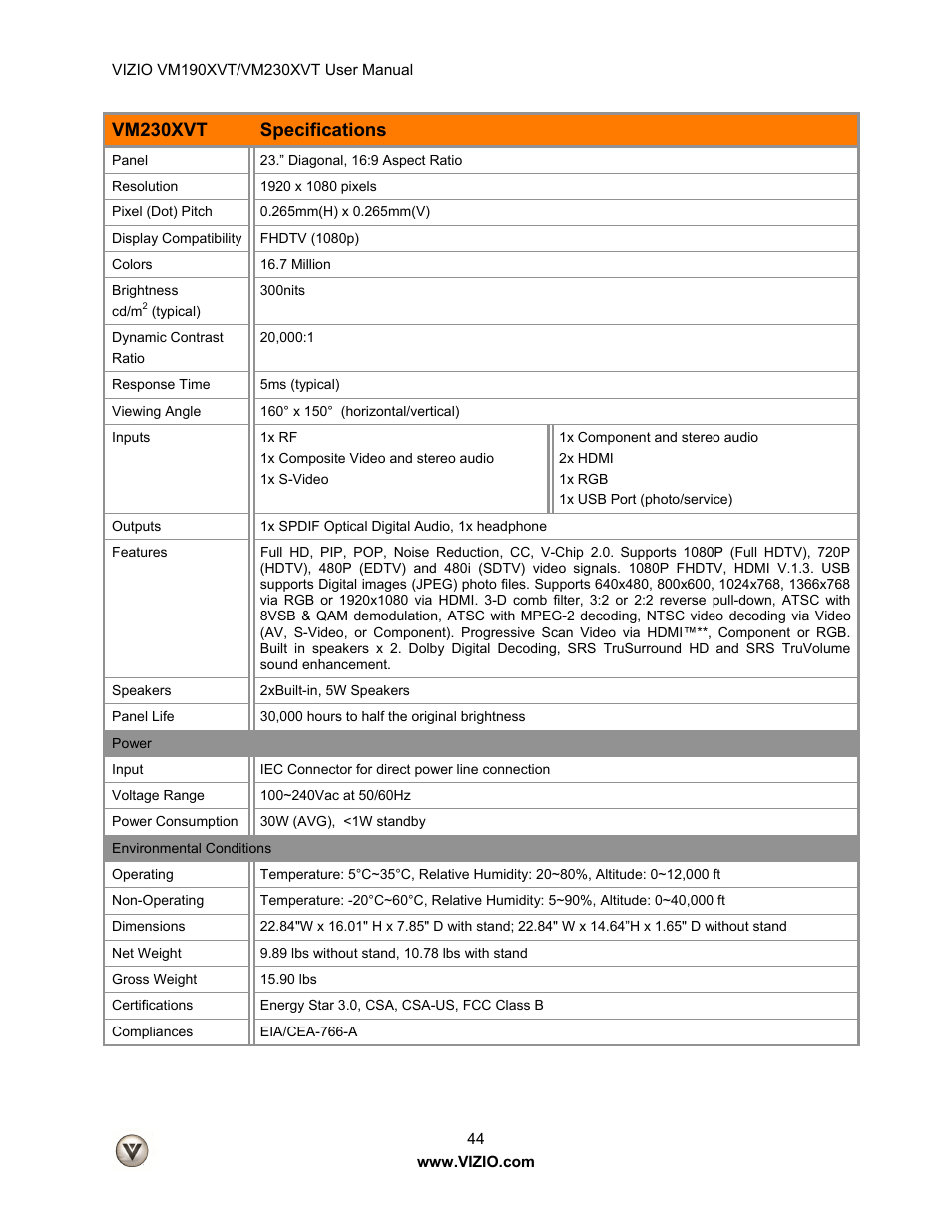 Vm230xvt, Specifications | Vizio VM190XVT User Manual | Page 44 / 51
