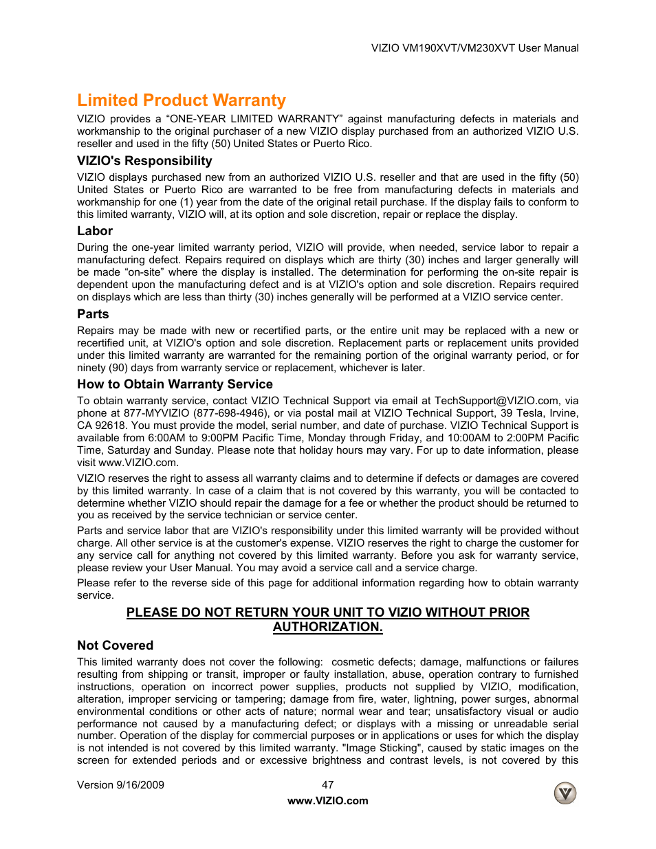 Limited product warranty | Vizio VM190XVT User Manual | Page 47 / 51