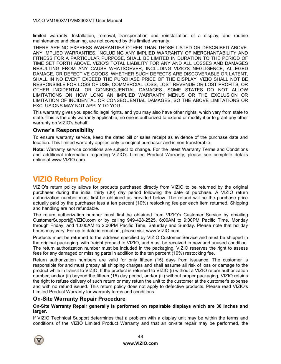 Vizio return policy | Vizio VM190XVT User Manual | Page 48 / 51