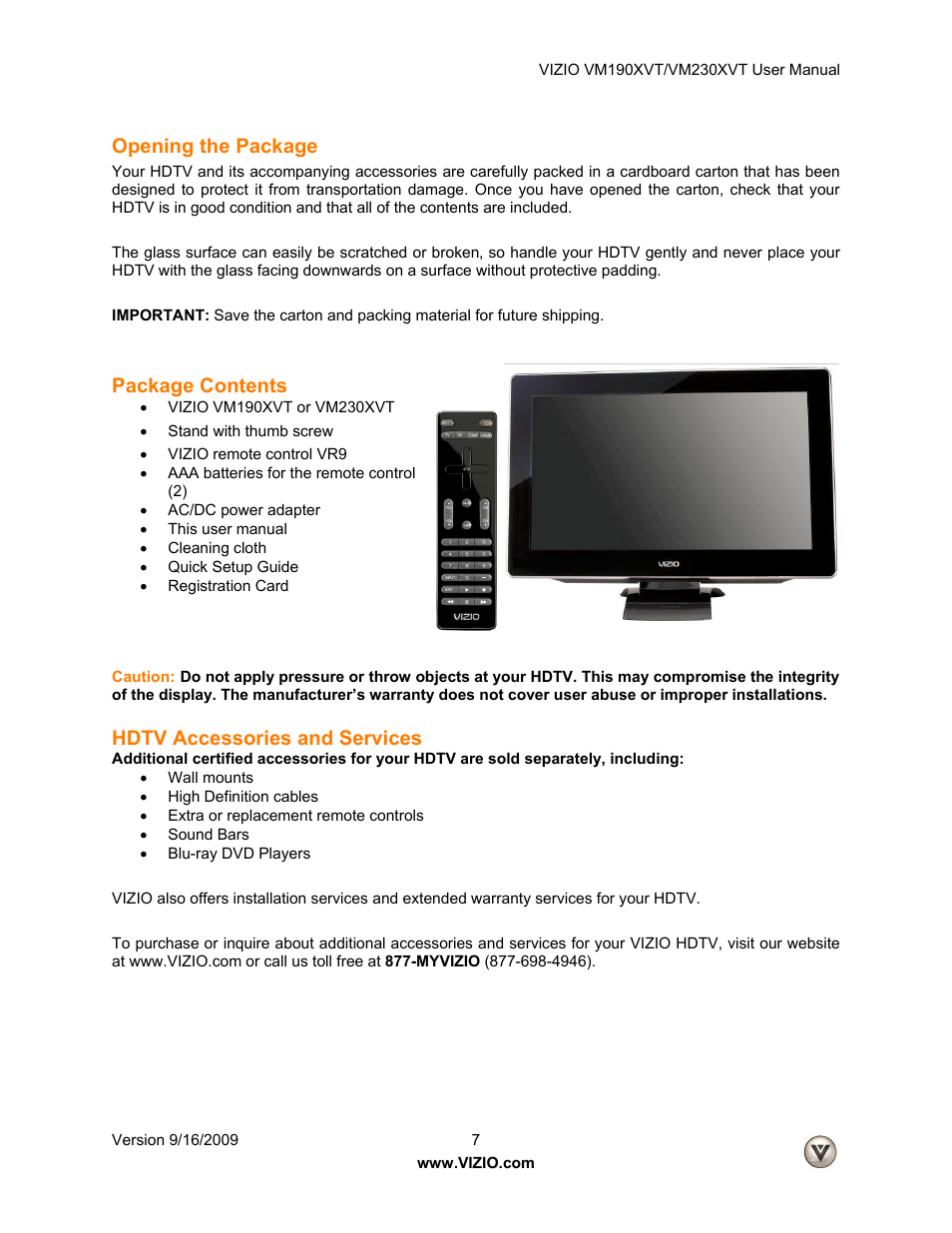 Opening the package, Package contents, Hdtv accessories and services | Vizio VM190XVT User Manual | Page 7 / 51