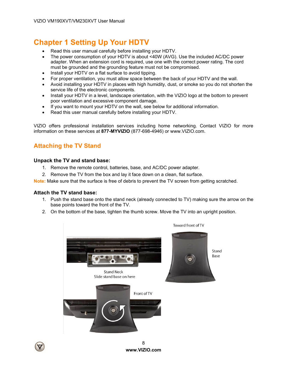 Chapter 1 setting up your hdtv, Attaching the tv stand, Unpack the tv and stand base | Attach the tv stand base | Vizio VM190XVT User Manual | Page 8 / 51