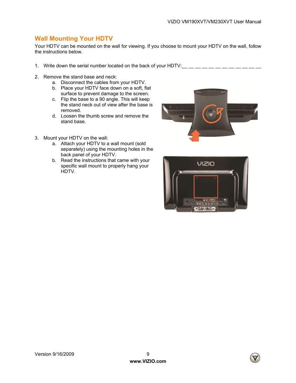 Wall mounting your hdtv | Vizio VM190XVT User Manual | Page 9 / 51