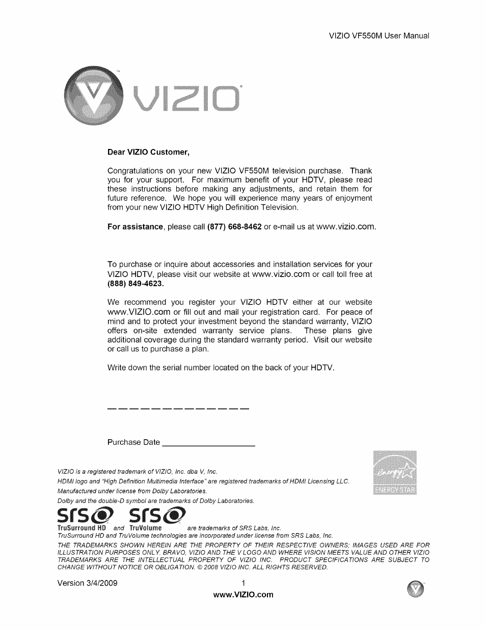 Vizio VF550M User Manual | 57 pages
