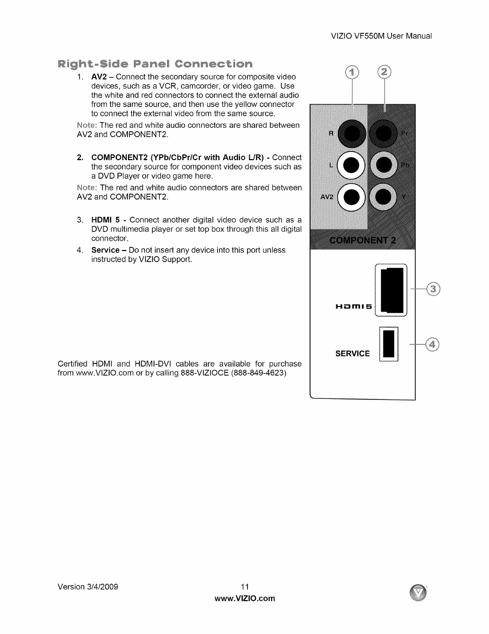 Right-side panel connection | Vizio VF550M User Manual | Page 11 / 57