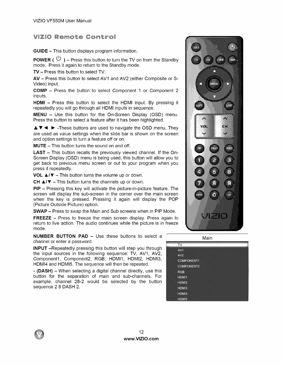 Wizio remote control, Vizio remote control | Vizio VF550M User Manual | Page 12 / 57