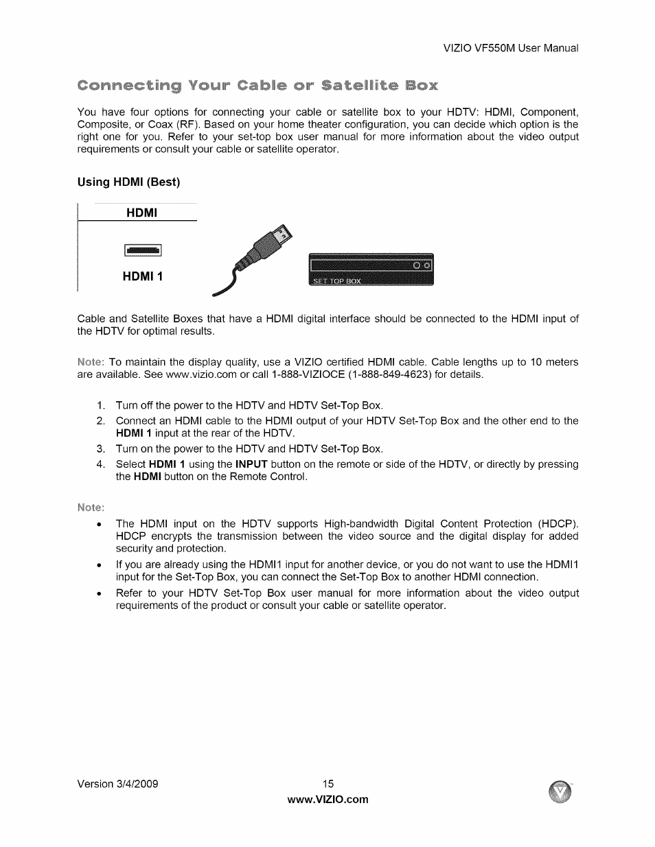 Connecting ¥our cable or satellite box, Using hdmi (best), Hdmi | Hdm11, Connecting your cable or satellite box | Vizio VF550M User Manual | Page 15 / 57