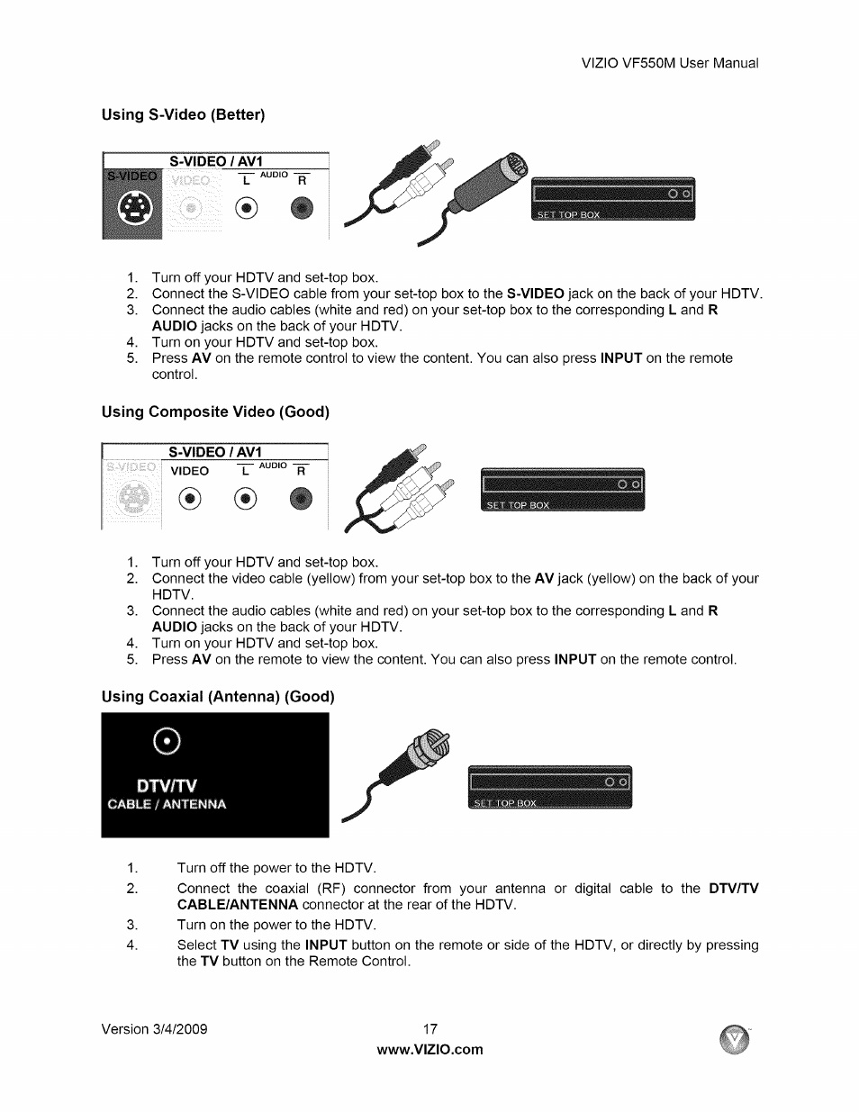 Using composite video (good), Dtv/tv | Vizio VF550M User Manual | Page 17 / 57