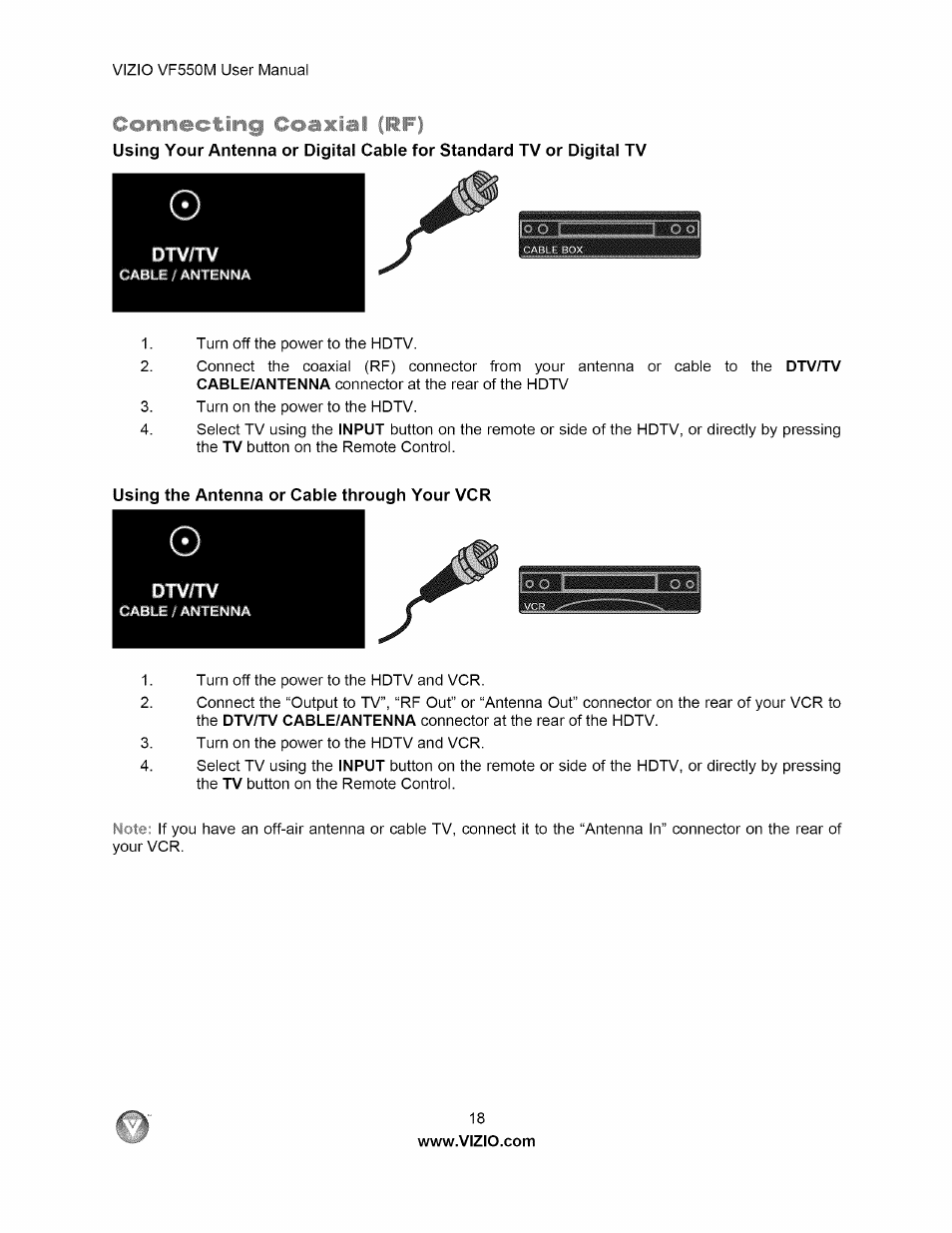 Dtv/tv, Using the antenna or cable through your vcr | Vizio VF550M User Manual | Page 18 / 57