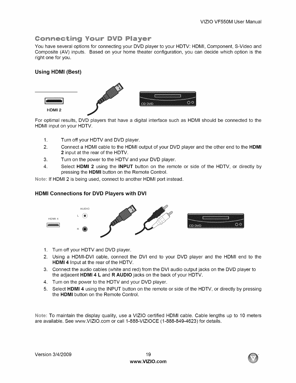 Using hdmi (best), Hdmi connections for dvd players with dvi | Vizio VF550M User Manual | Page 19 / 57