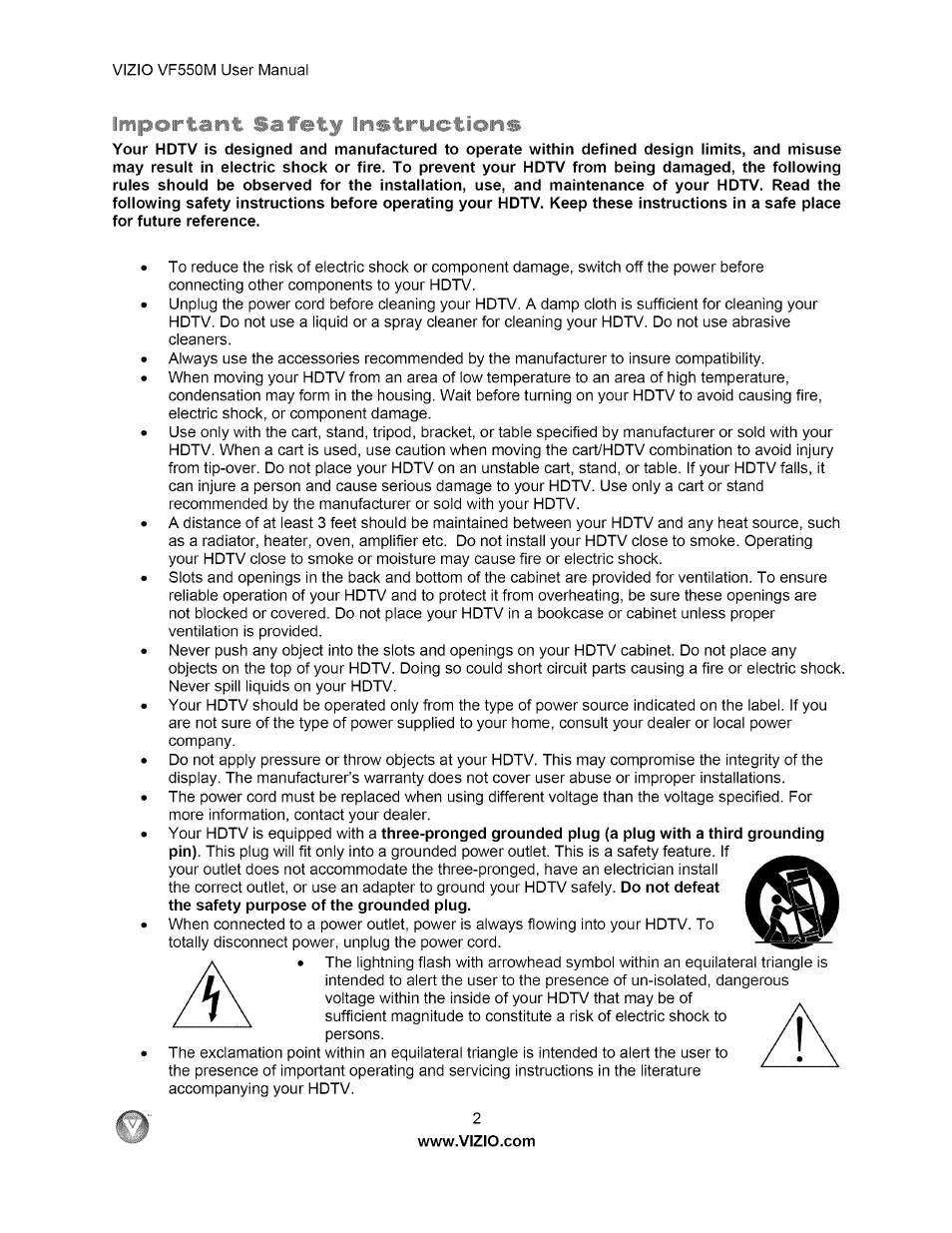 Important safety instructions | Vizio VF550M User Manual | Page 2 / 57
