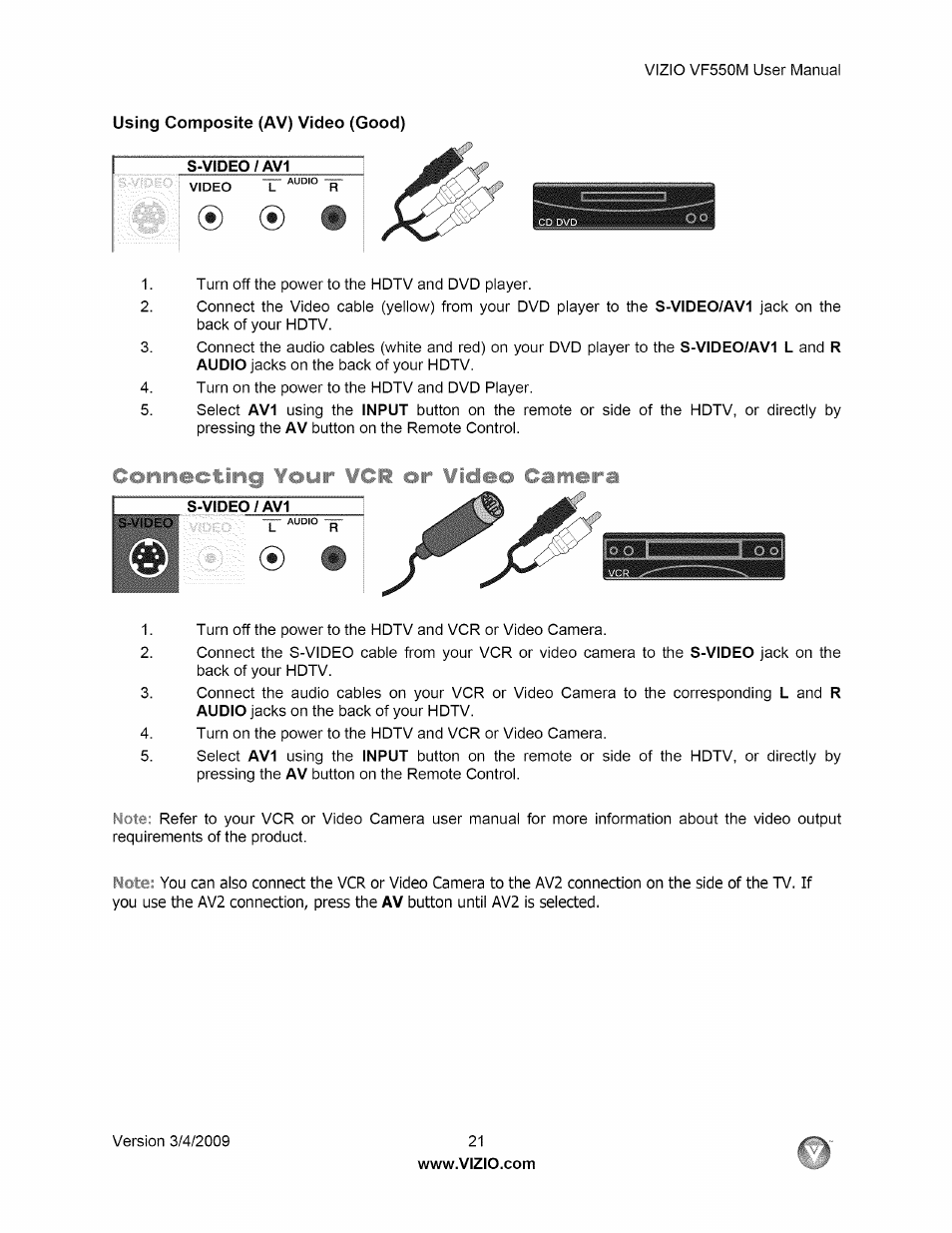 Using composite (av) video (good), Connecting ¥our ¥cr, or wide© camera, Connecting your vcr or video camera | Vizio VF550M User Manual | Page 21 / 57