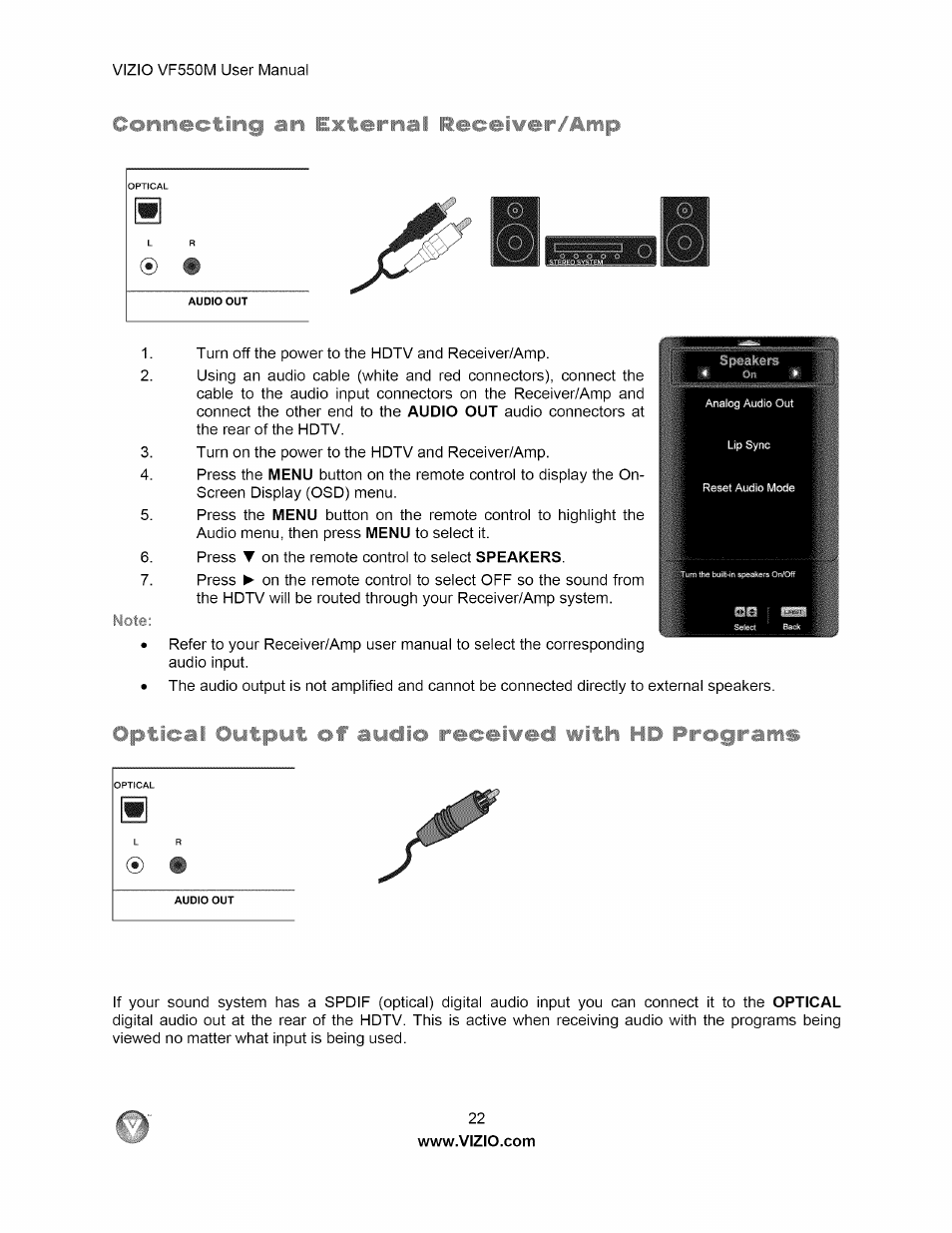 Connecting an external r,eceiwer/a,ftip, Optical output of audio received with hd programs | Vizio VF550M User Manual | Page 22 / 57