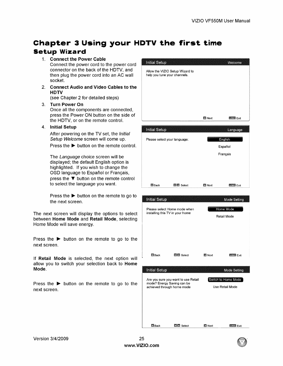 Chapter 3 using your hdtv the first time, Setup wizard | Vizio VF550M User Manual | Page 25 / 57