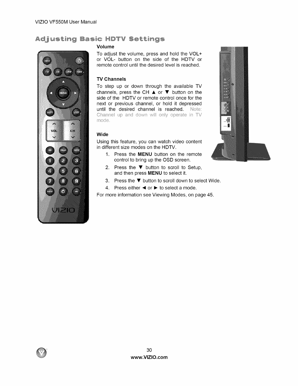 Adjusting basic hdtv settings | Vizio VF550M User Manual | Page 30 / 57