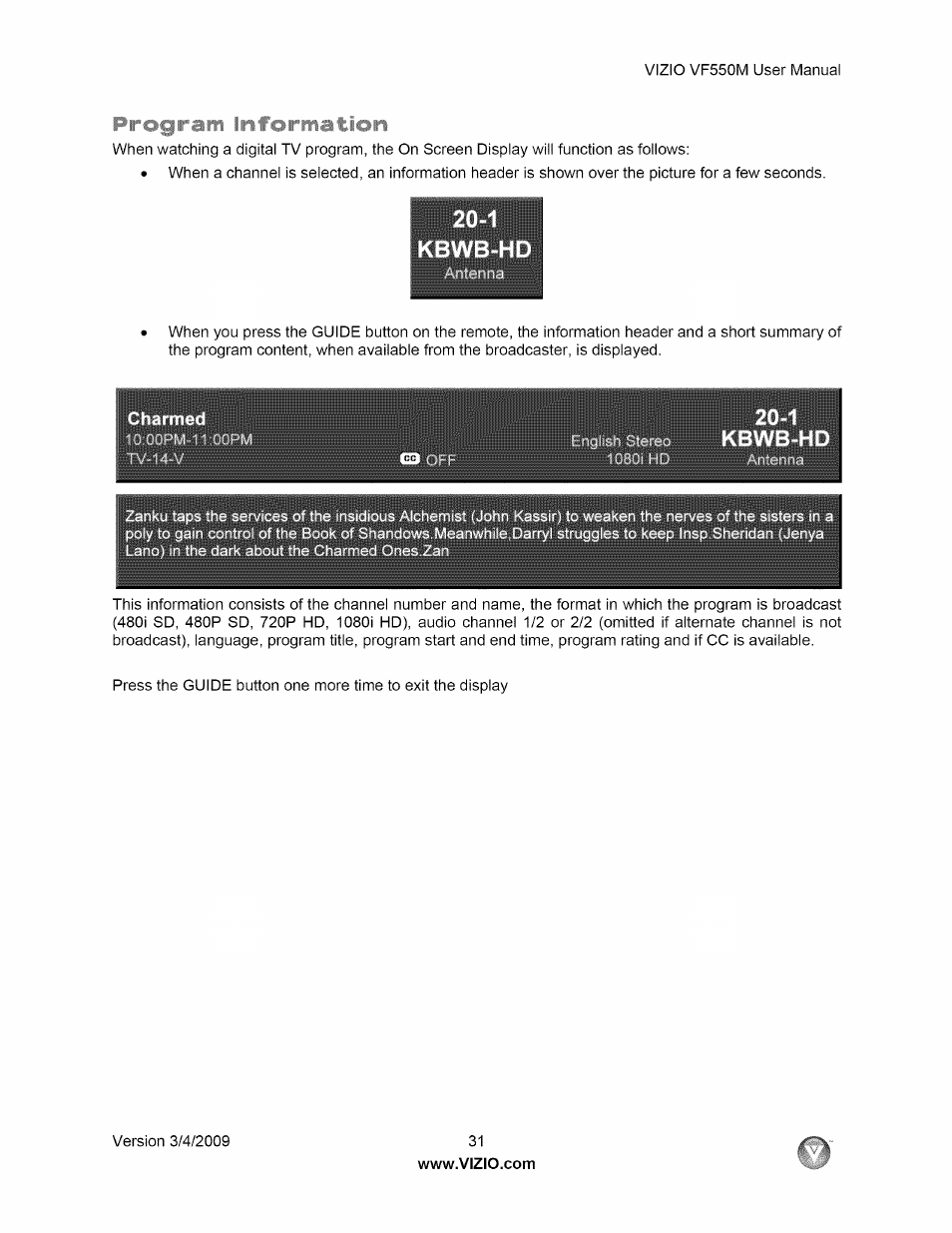 Program information | Vizio VF550M User Manual | Page 31 / 57