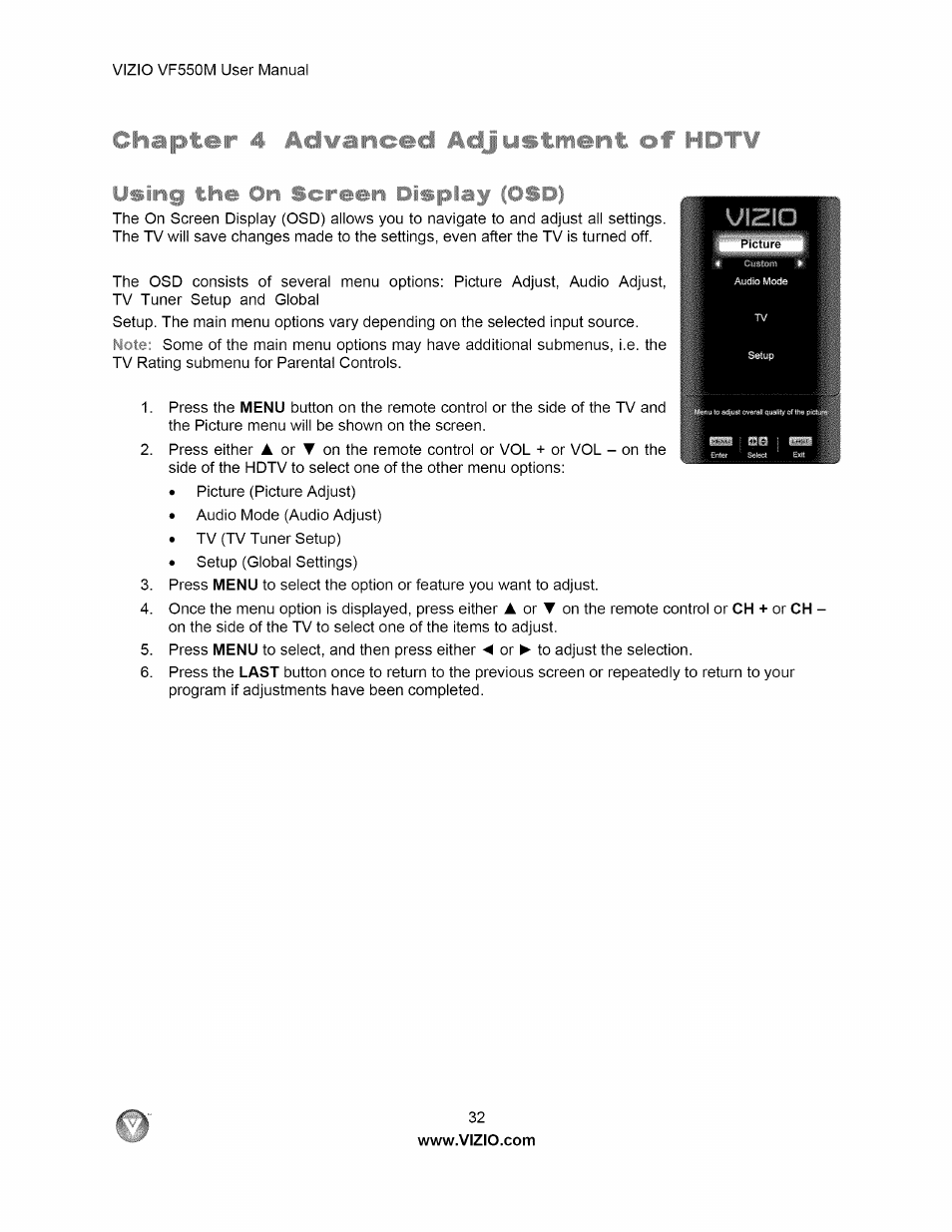 Chapter 4 advanced adjustment of hdtv | Vizio VF550M User Manual | Page 32 / 57