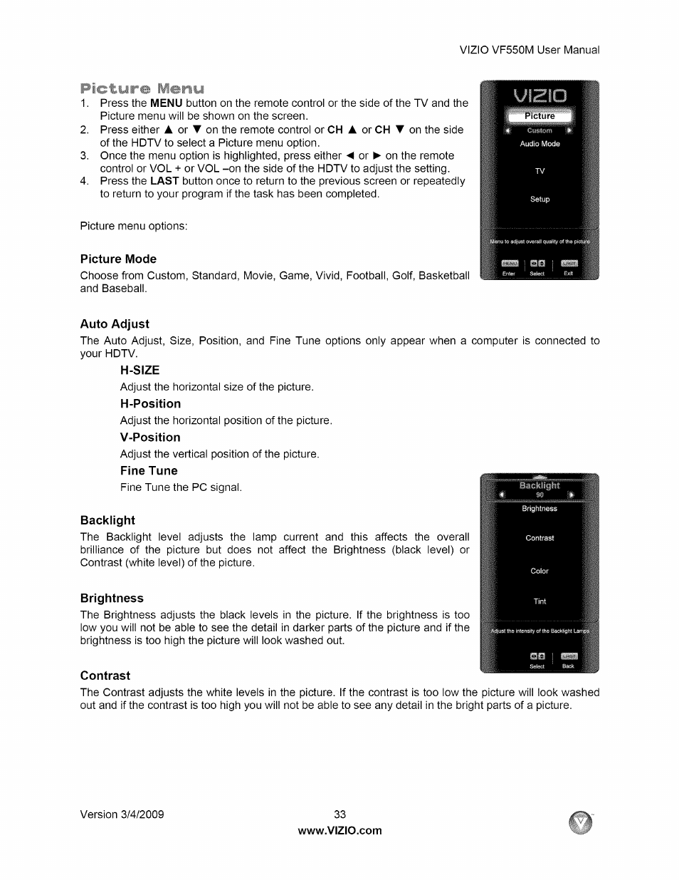 Picture mode, Auto adjust, H-size | Backlight, Brightness, Contrast | Vizio VF550M User Manual | Page 33 / 57