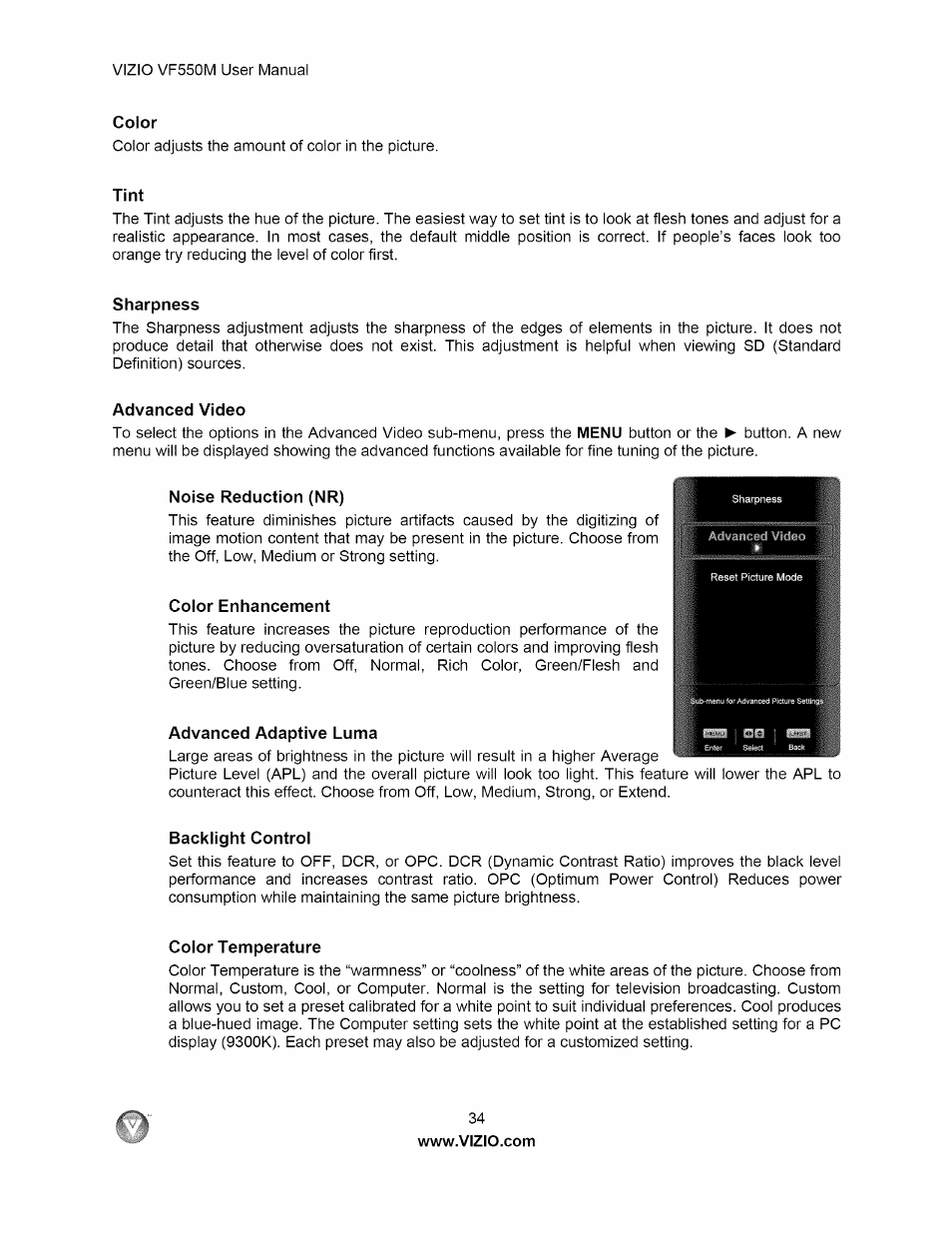 Tint, Sharpness, Advanced video | Noise reduction (nr), Color enhancement, Advanced adaptive luma, Backlight control, Color temperature | Vizio VF550M User Manual | Page 34 / 57