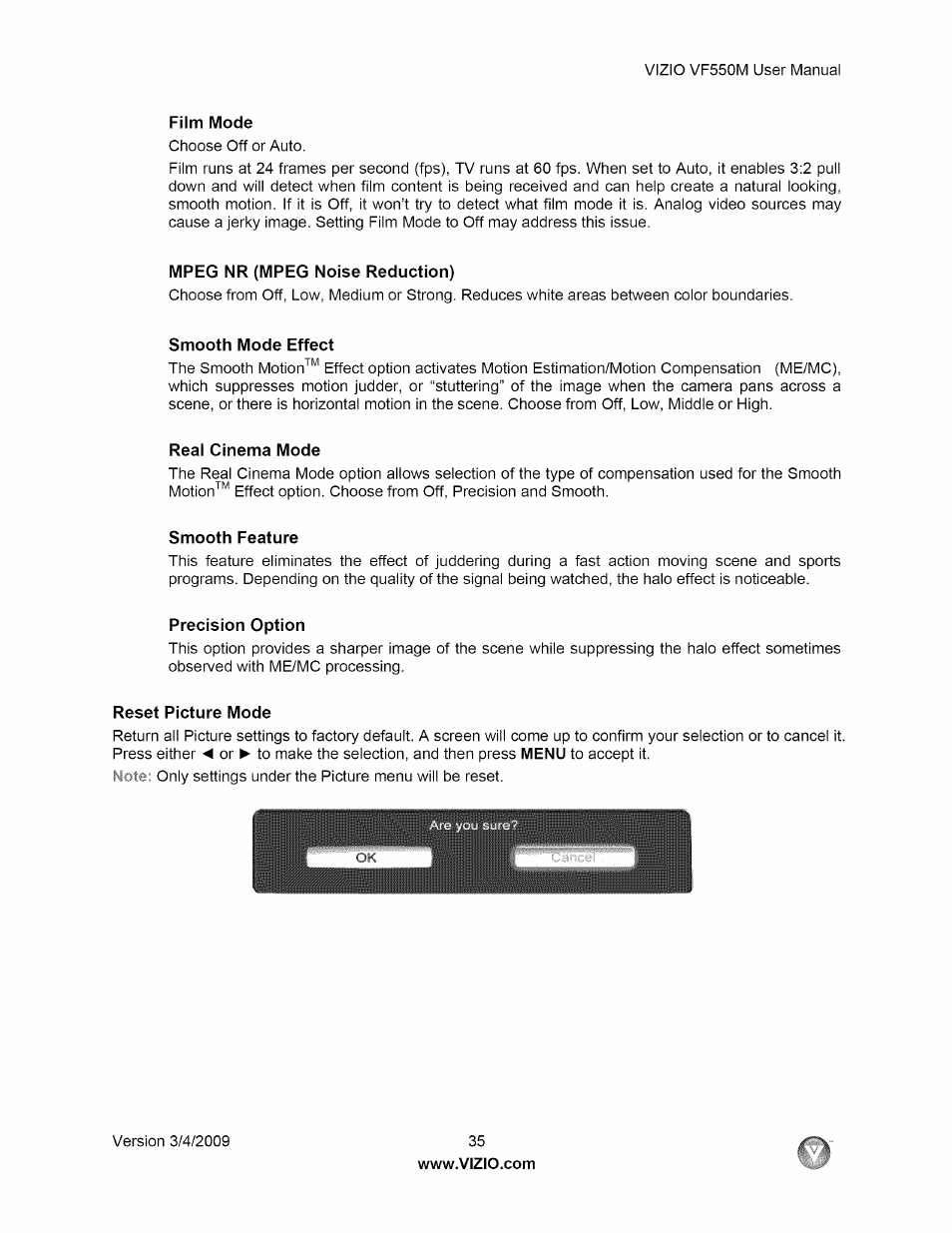 Film mode, Mpeg nr (mpeg noise reduction), Real cinema mode | Smooth feature, Precision option, Reset picture mode | Vizio VF550M User Manual | Page 35 / 57