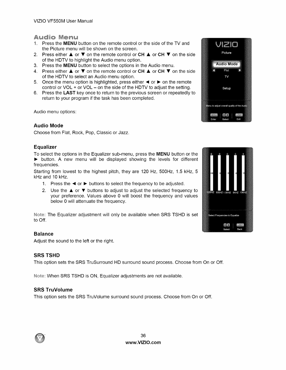 9 menu, Audio mode, Equalizer | Balance, Srs tshd, Srs truvolume, Audio menu, Equalizer balance srs tshd | Vizio VF550M User Manual | Page 36 / 57